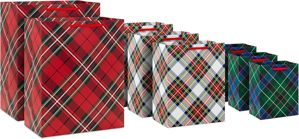 Hallmark Classic Plaid Gift Bag Assortment (8 Bags: 3 Small 6", 3 Medium 9", 2 Large 13") Traditi... | Amazon (US)