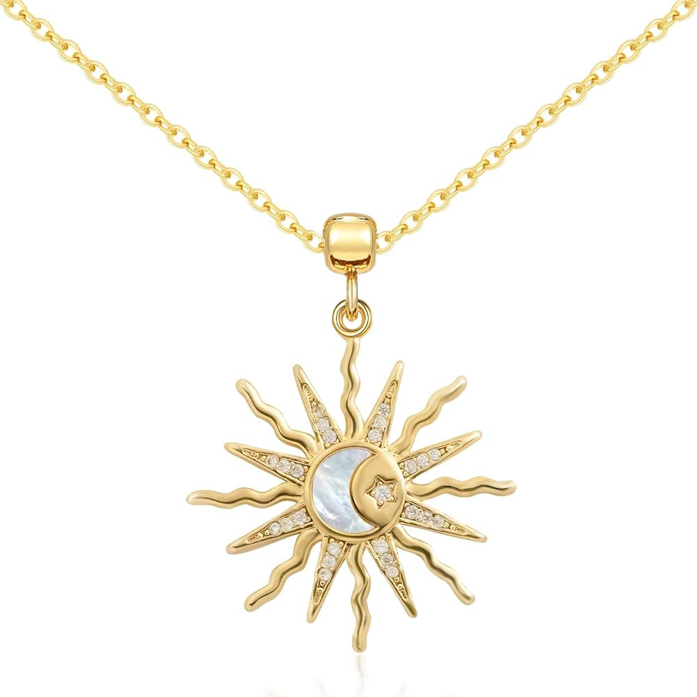Dainty 14k Plated Gold Sun Necklace for Women, Trendy CZ Sunburst Pendant Necklace Non Tarnish Je... | Amazon (US)
