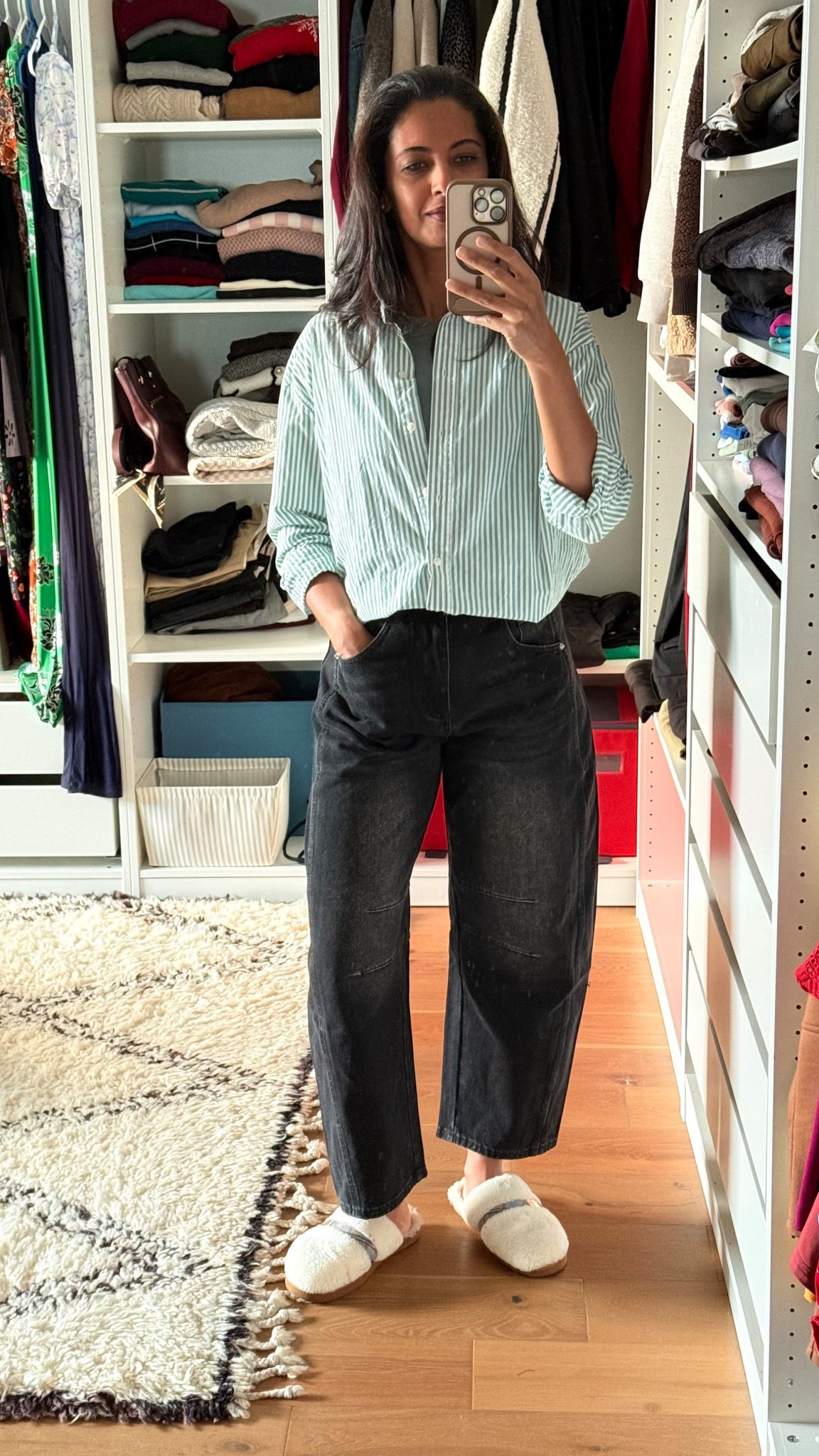 Longer inseam barrel Jean perfect for cooler days. Paired with a green striped shirt and matching bodysuit for layering  

#LTKFindsUnder50 #LTKOver40 #LTKStyleTip