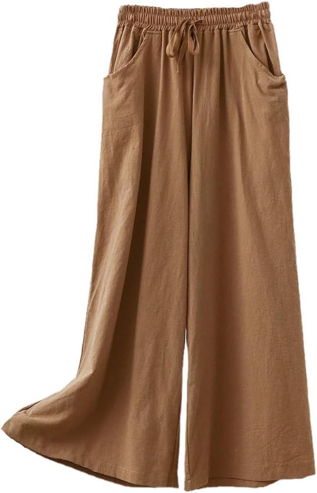 Cotton Linen Wide Leg Trousers Women's Summer Korean Baggy Straight Casual Pants Pockets | Amazon (US)