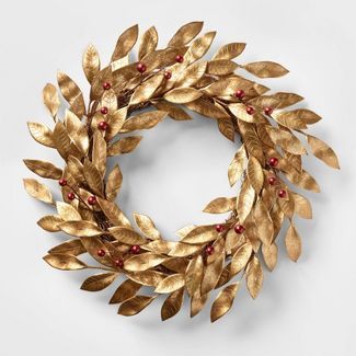 22in Unlit Gold Leaf with Red Berries Artificial Christmas Wreath - Wondershop™ | Target