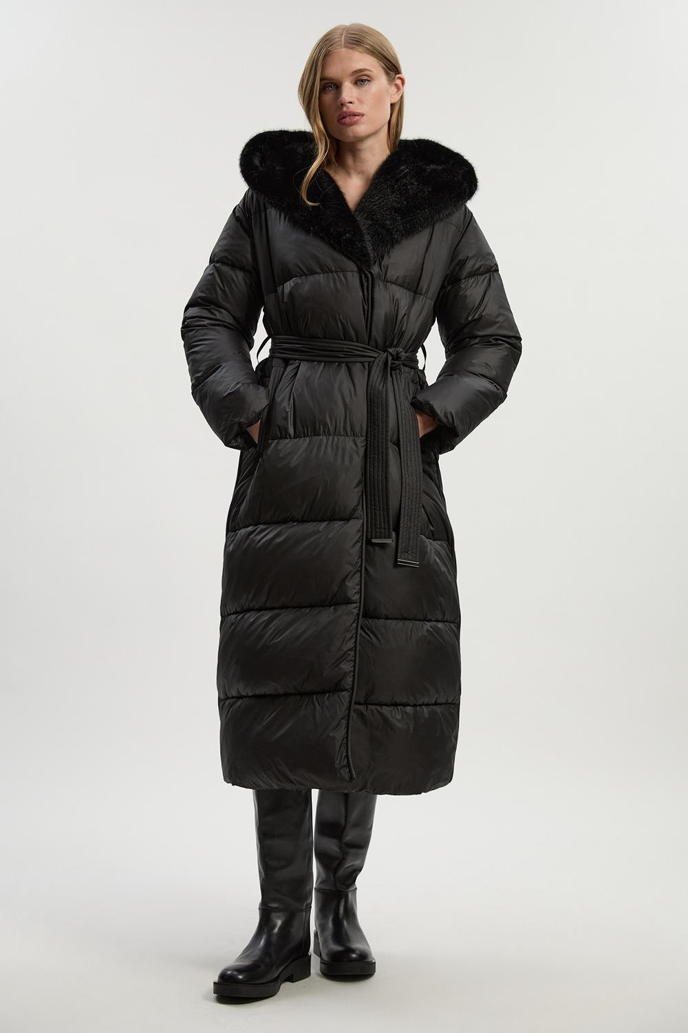 Premium Faux Fur Lined Padded Hooded Belted Midi Coat | Karen Millen US