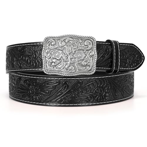 TRIWORKS Western Belts for Women Men Cowgirl Cowboy Embossed Engraved Tooled Leather Belt with Buckle for Jeans Pants Rodeo,A-Black,Fit Waist Size 47"-50" | Amazon (US)