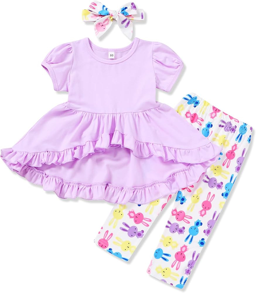 Toddler Baby Girl Easter Outfits Ruffle Tops Dress Cartoon Rabbit Print Long Floral Pants Cotton Clo | Amazon (US)