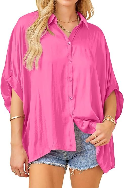 Imily Bela Womens Oversized Button Down Shirt Silk Dolman Short Sleeve Dressy Casual Blouse Tops | Amazon (US)