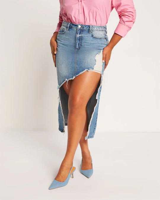Sayra Distressed High Low Denim Midi Skirt | VICI