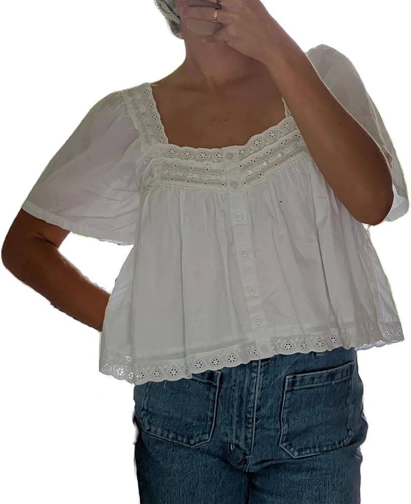 Women Y2k Lace Trim Shirt Short Sleeve Button Up V Neck Ruffle Flowy Crop Babydoll Top Summer Cut... | Amazon (US)
