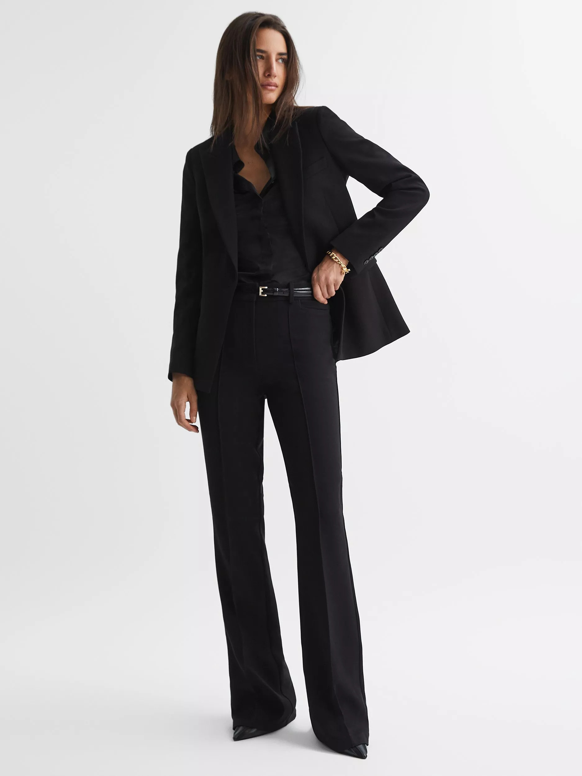 Reiss Petite Gabi Flared Tailored Trousers, Black | John Lewis (UK)