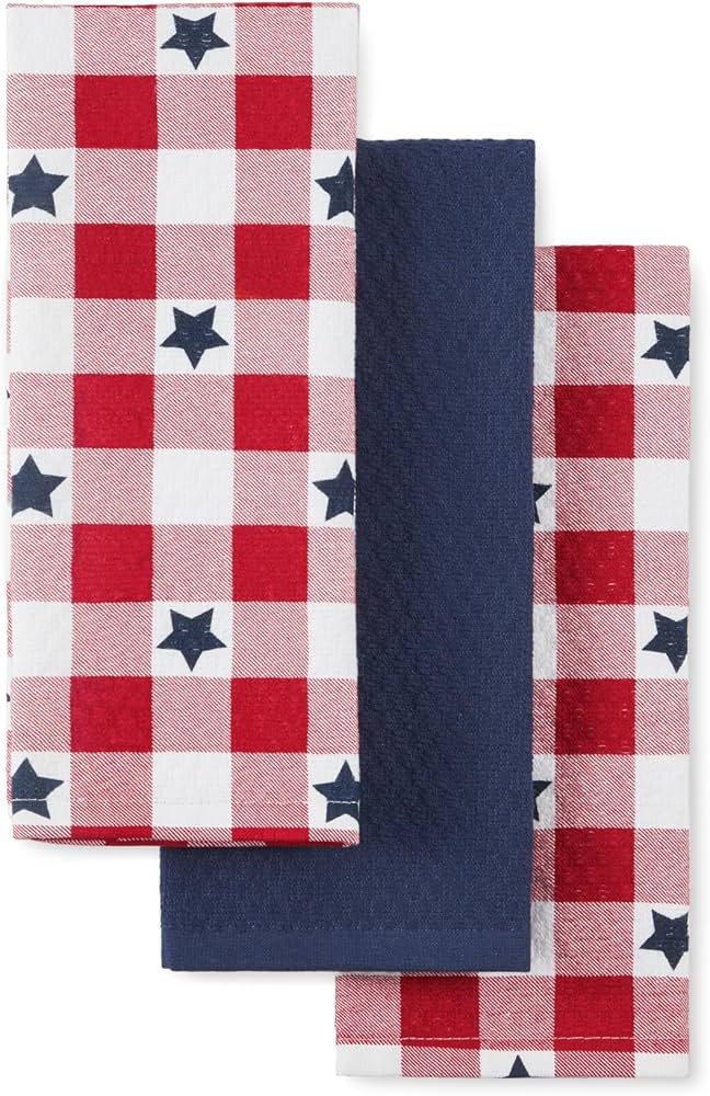 Martha Stewart Americana Star Gihgham Holiday Kitchen Towels 3-Pack Set, 100% Cotton, Absorbent, ... | Amazon (US)
