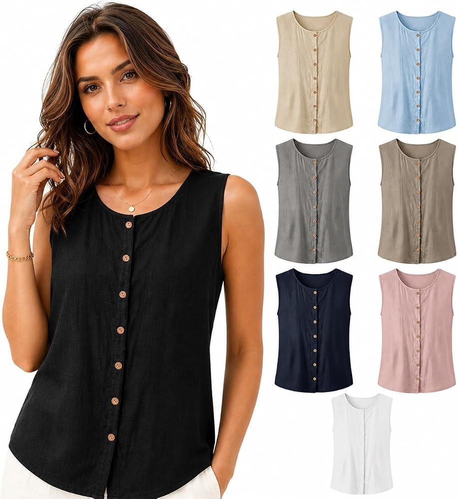 Women Scoop Neck Button Front Blouse Casual Sleeveless Tank Tops | Amazon (US)