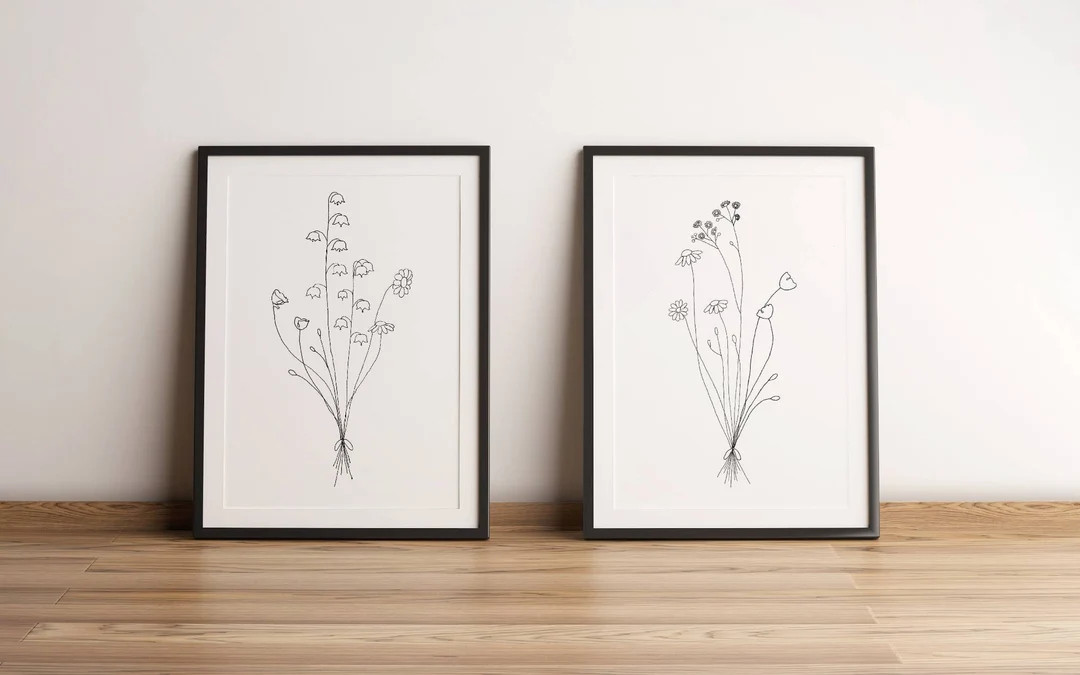 Set of 2 Printable Wall Art Flowers Minimalist Prints Black and White Botanical Art Decor Wildflo... | Etsy (US)