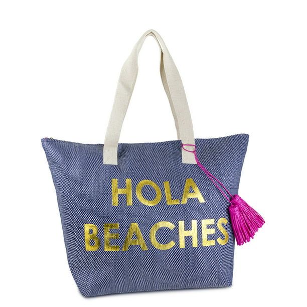 Women's Hello Beaches Denim Insulated Paper Straw Tote Bag with Metallic Writing, Tassels and Dou... | Walmart (US)