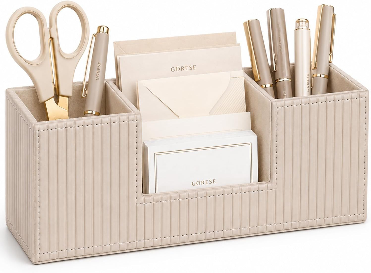 GORESE Pen Holder for Desk, Leather Small Desk Organizer for Office, Beige | 4-Compartment, Vegan... | Amazon (US)