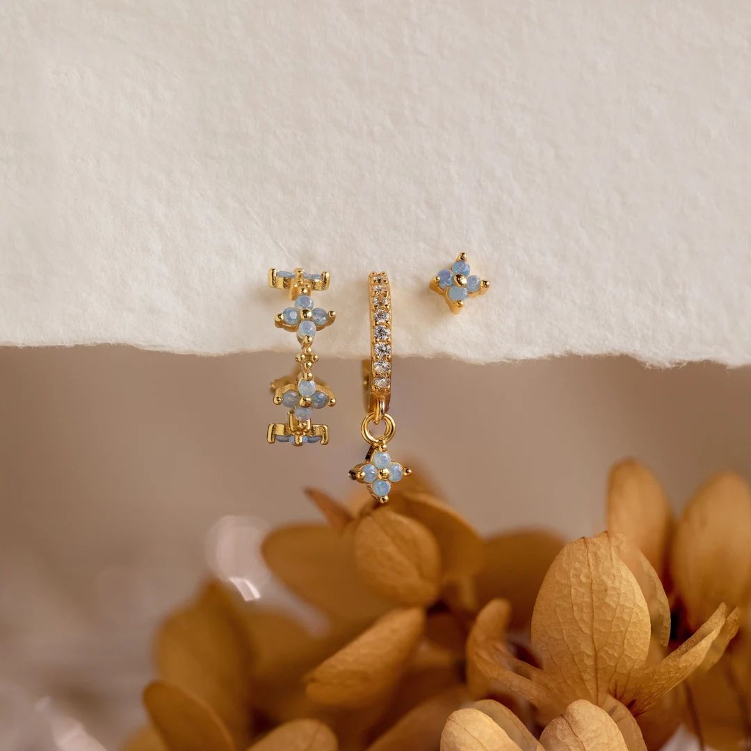 Ivy Flower Blue Earrings by Caitlyn Minimalist Floral Hoop Earrings, Dangling Charm Huggies, & St... | Etsy (US)