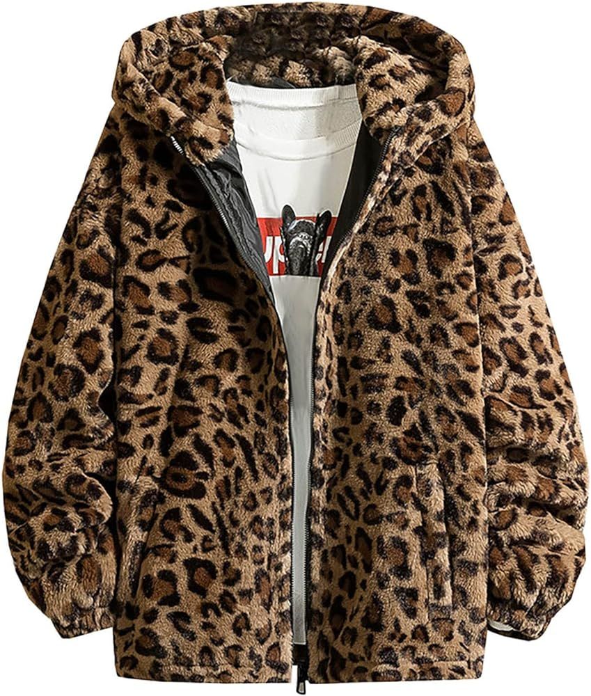 Mens Leopard Fleece Jackets Full Zip with Pockets Sherpa-Lined Hooded Teddy Fleece Sweatshirt Win... | Amazon (UK)