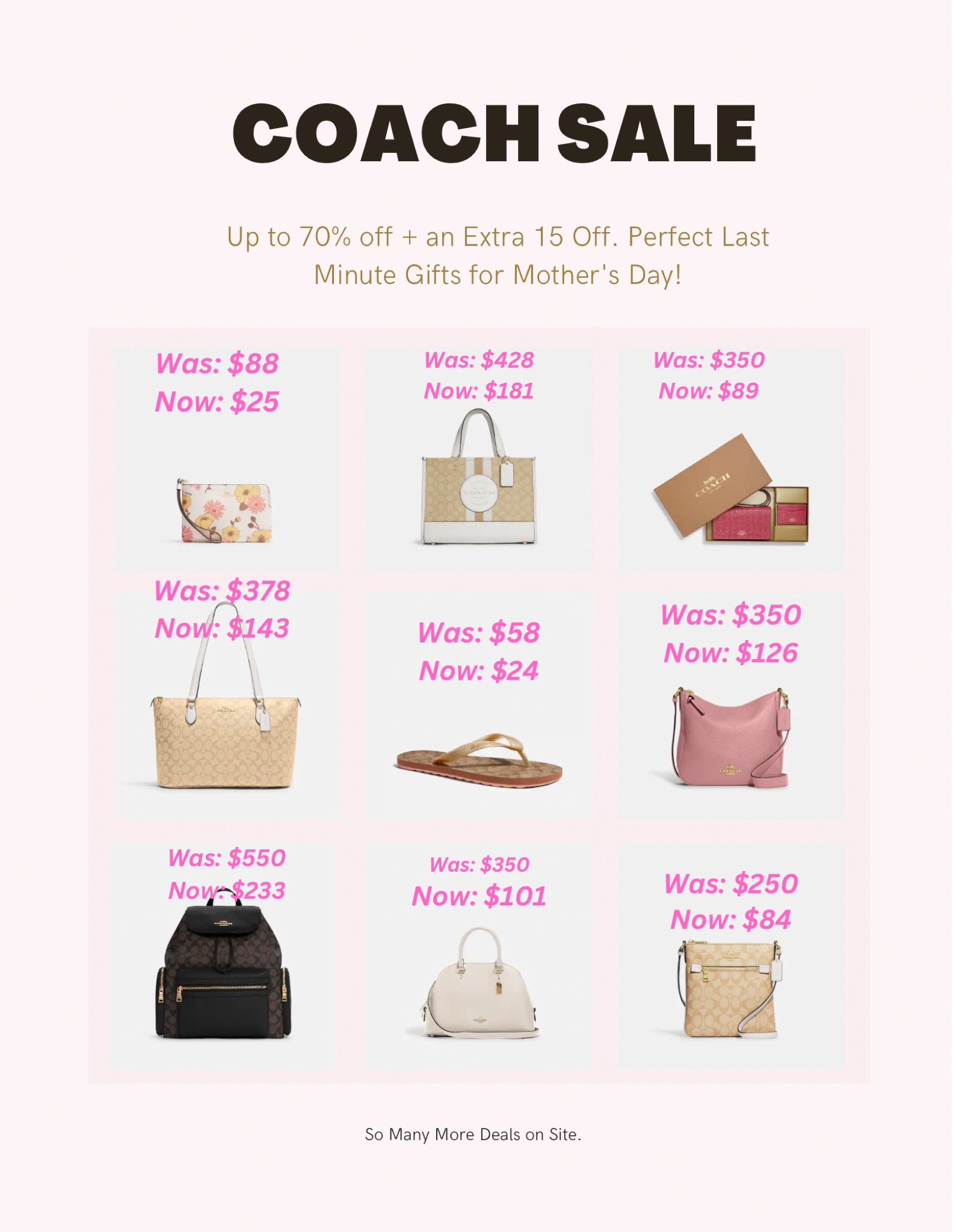 Coach Sale! Huge discounts plus 15 percent off your entire order!! Perfect for A last minute Mother’s Day Gift.

#mothersday #mothersdaygiftideas #mothersdaygift #mothersdaygifts #giftsformom #giftsformothersday #coach #mom #goftsforher

#LTKunder100 #LTKSeasonal #LTKGiftGuide