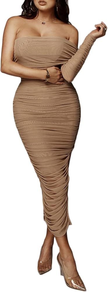 Pofash Women’s One Shoulder Sleeveless Mesh Ruched Cocktail Party Midi Bodycon Dress | Amazon (US)