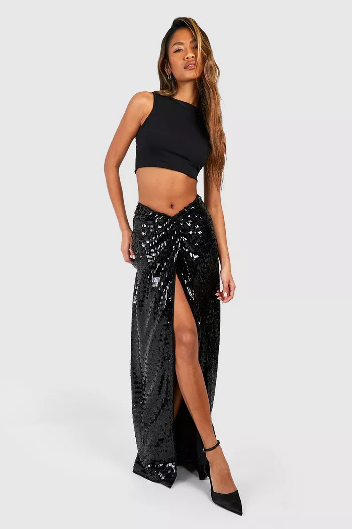 Shard Sequin Twist Knotted Maxi Skirt | boohoo (US & Canada)