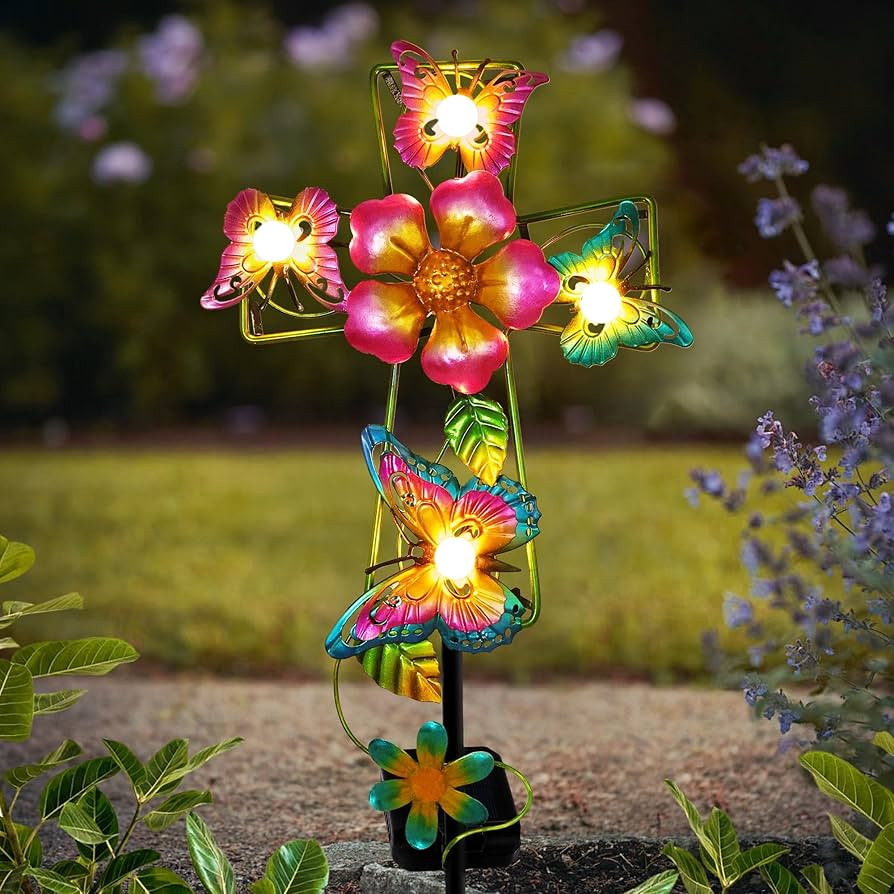 Solar Cross Garden Lights, Solar Butterfly Stake Lights Cemetery Decorations for Grave, Jesus Cro... | Amazon (US)