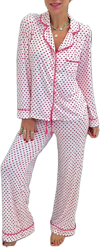 Comulish 2 Piece Pajama Set Women Valentin's Day Pjs Set Cute Heart Print Button Down Shirt+Pants... | Amazon (US)