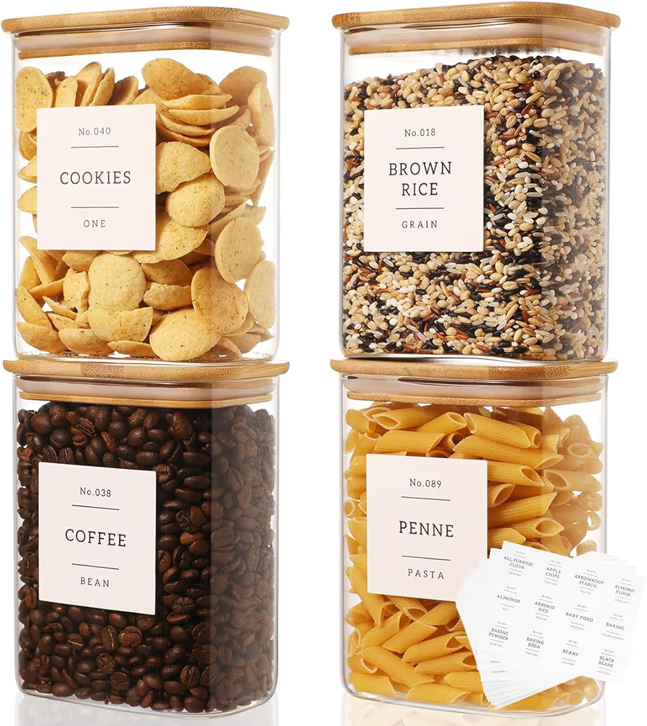 4 Pack Square Glass Pantry Storage Containers with 132 Kitchen Food Pantry Labels - 34 floz Clear... | Amazon (US)