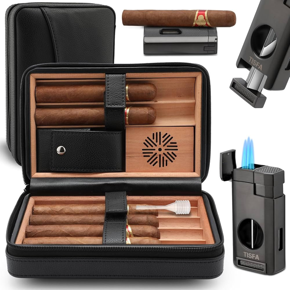 TISFA Cigar Humidor, Leather Cedar Wood Cigar Case with Cigar Lighter, V Cut Cigar Cutter, Cigar ... | Amazon (US)