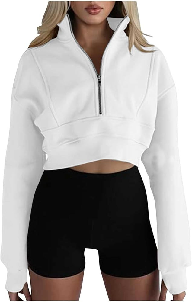 Womens Cropped Sweatshirt Half Zip Pullover Crop Tops Trendy Fall Y2K Sweater Hoodies Teen Girls ... | Amazon (US)