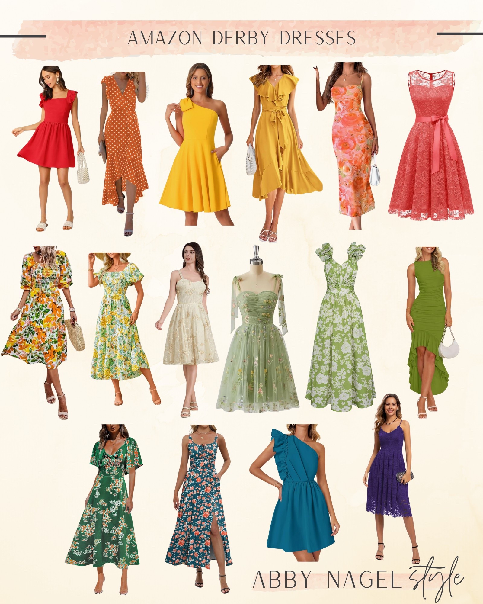 Derby Dresses for Autumns!  

First one looks to be true red for all!! 

Coral and cream lace dresses works for Springs too! 

Purple works for winters too.  

Teal works for summers too! 