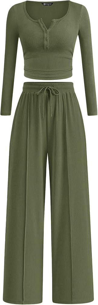 PRETTYGARDEN Women's 2025 Fall Trendy 2 Piece Outfits Lounge Sets Long Sleeve Top Henley Shirts W... | Amazon (US)