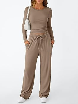 Trendy Queen Women's 2 Piece Matching Lounge Set Long Sleeve Side Ruching Top Wide Leg Drawstring... | Amazon (US)