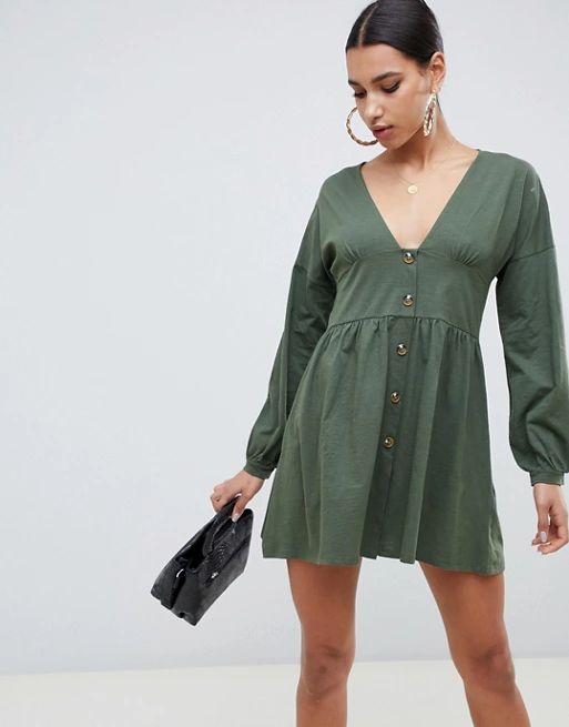 ASOS DESIGN long sleeve smock dress with buttons and waist panel | ASOS US