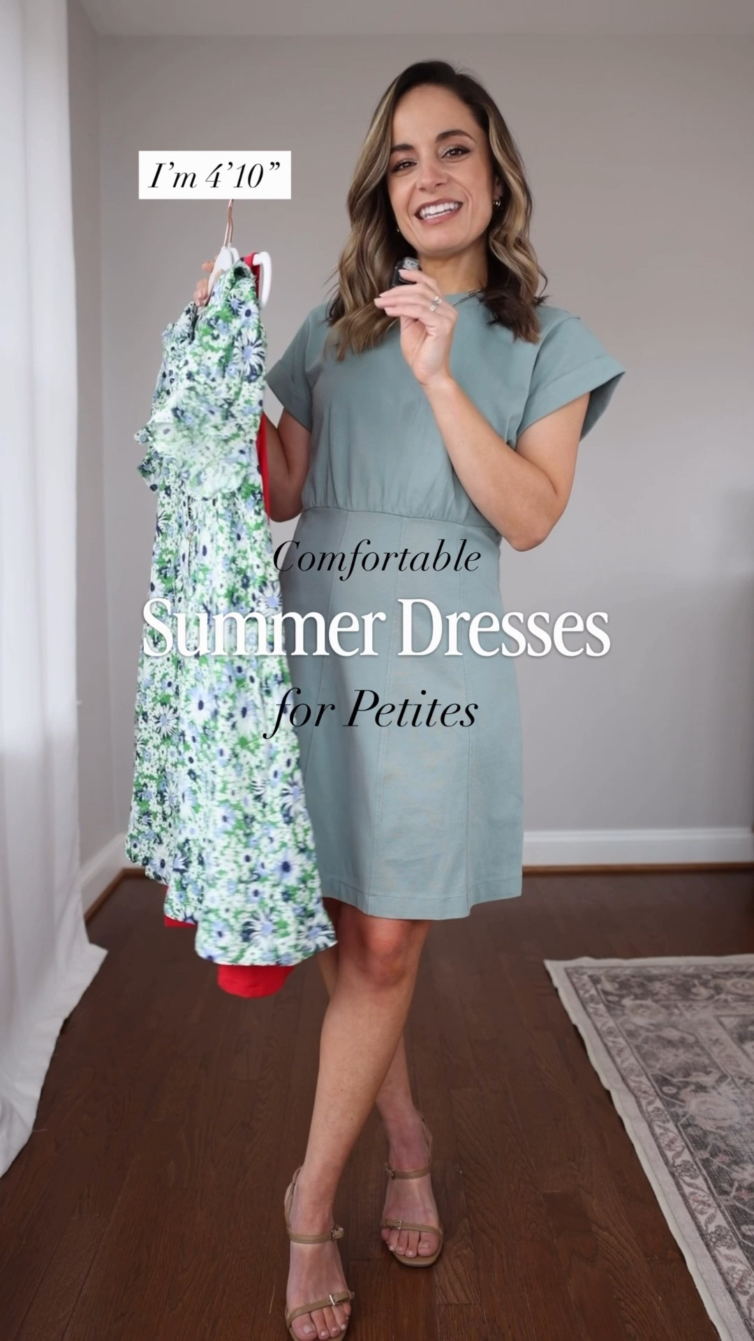 Three comfortable spring to summer dresses for petites! 

Teal dress (LOFT): petite xxs
Red dress (LOFT): petite xxs
Floral dress (Anthropologie): xxs 
Shoes (LOFT): true to size - straps have a break in period 

My measurements for reference: I’m 4’10” and 105lbs. My bust, waist, and hip measurement is 32”, 24”, and 36”.