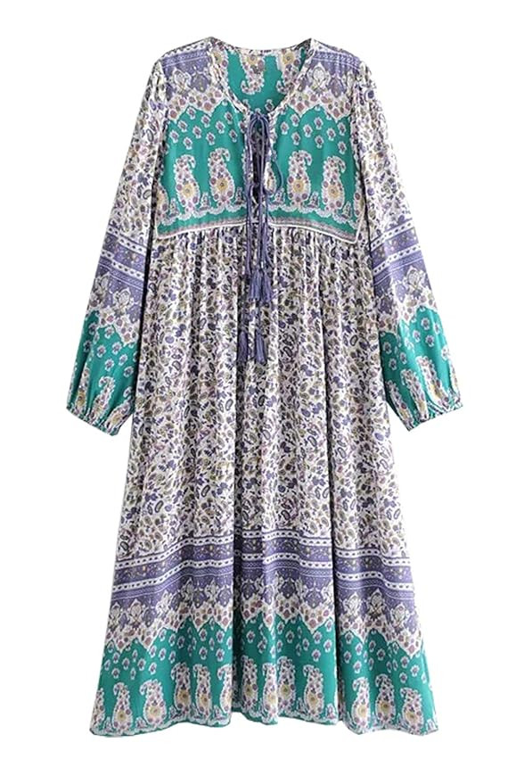 R.Vivimos Women's Long Sleeve Floral Print Retro V Neck Tassel Bohemian Long Dresses | Amazon (US)