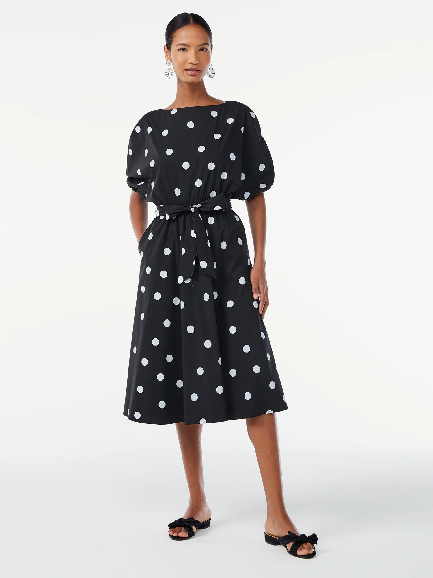 Scoop Women's Tie Front Midi Dress with Ruched Sleeves | Walmart (US)