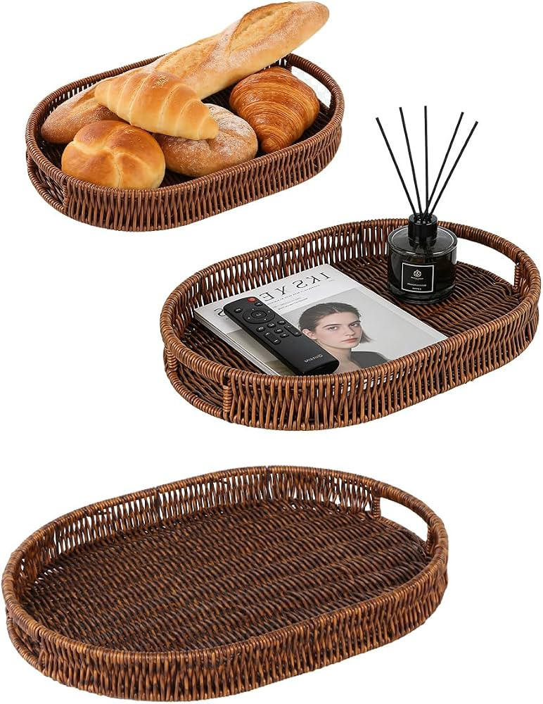 3pcs Woven Baskets Serving Trays, Poly Wicker Bread Basket Oval Tray for Fruit, Breakfast, Drinks... | Amazon (US)