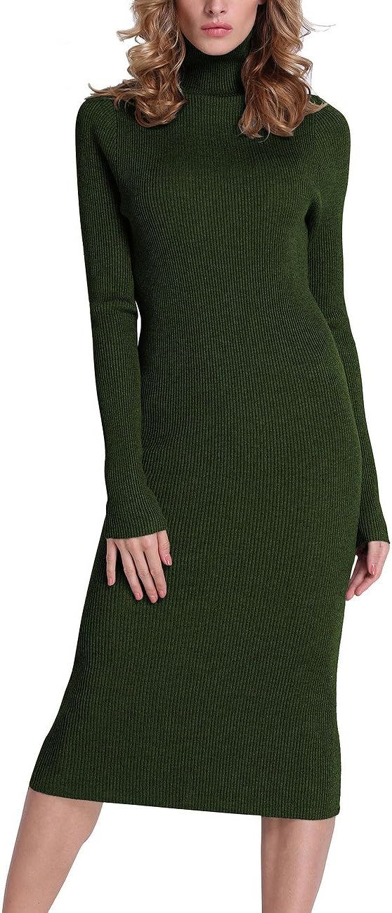 Rocorose Women's Turtleneck Ribbed Elbow Long Sleeve Knitted Sweater Dress | Amazon (US)