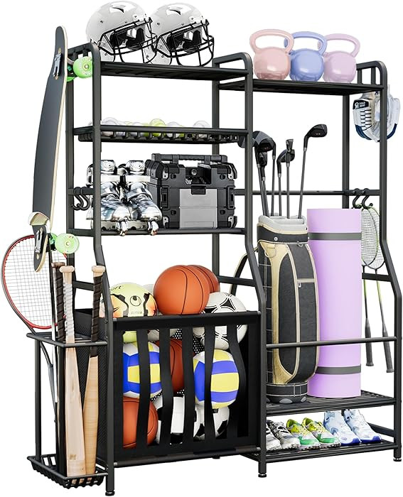 Garage Sports Equipment Organizer, Golf Bag Storage Rack, Heavy Duty Ball Holder with Basket & Ho... | Amazon (US)