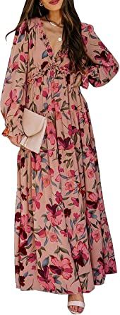 BLENCOT Womens Casual Floral Deep V Neck Long Sleeve Long Evening Dress Cocktail Party Maxi Weddi... | Amazon (US)