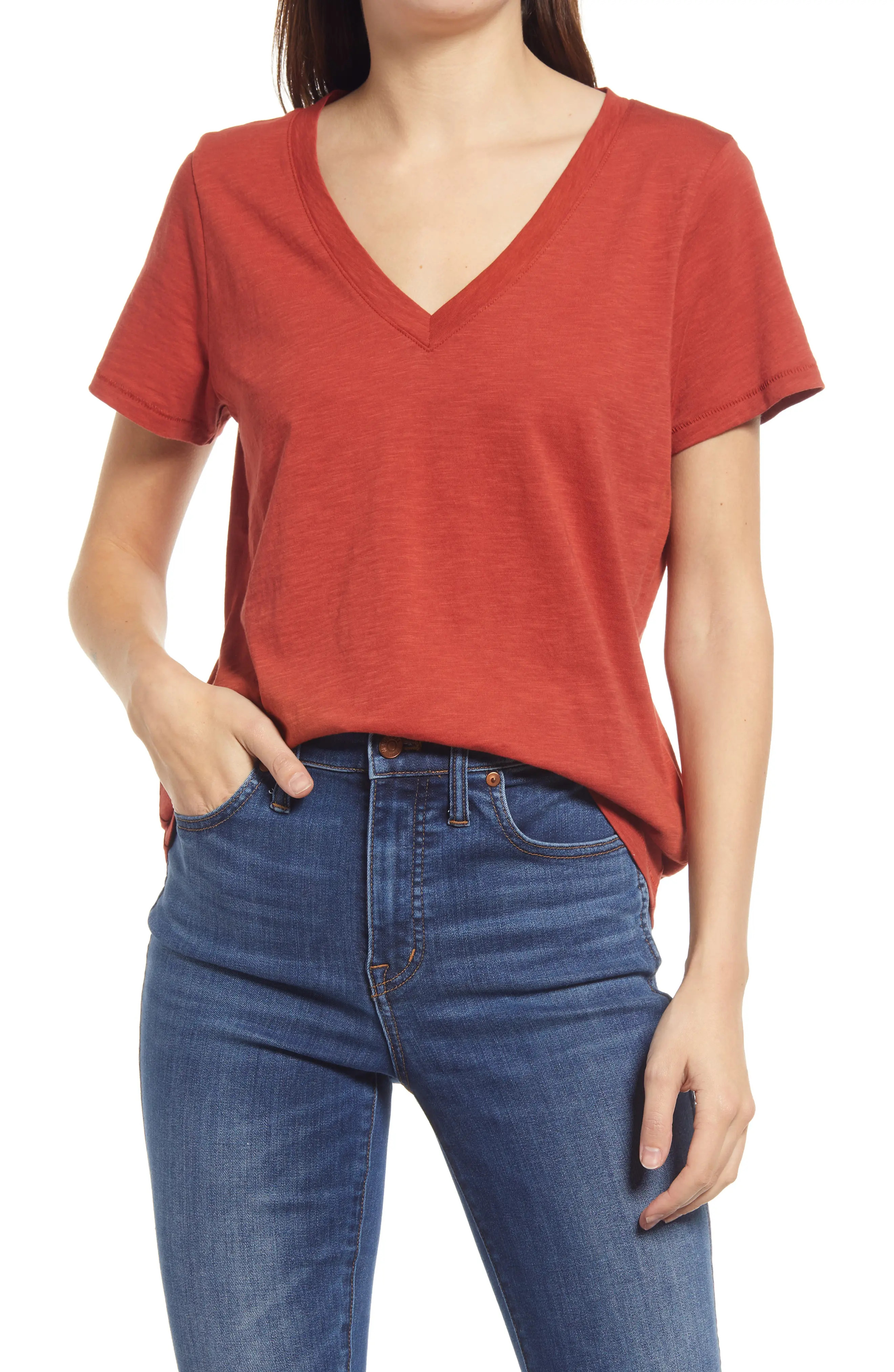 Madewell Whisper Cotton V-Neck T-Shirt, Size Xx-Small in Dark Cinnabar at Nordstrom | Nordstrom