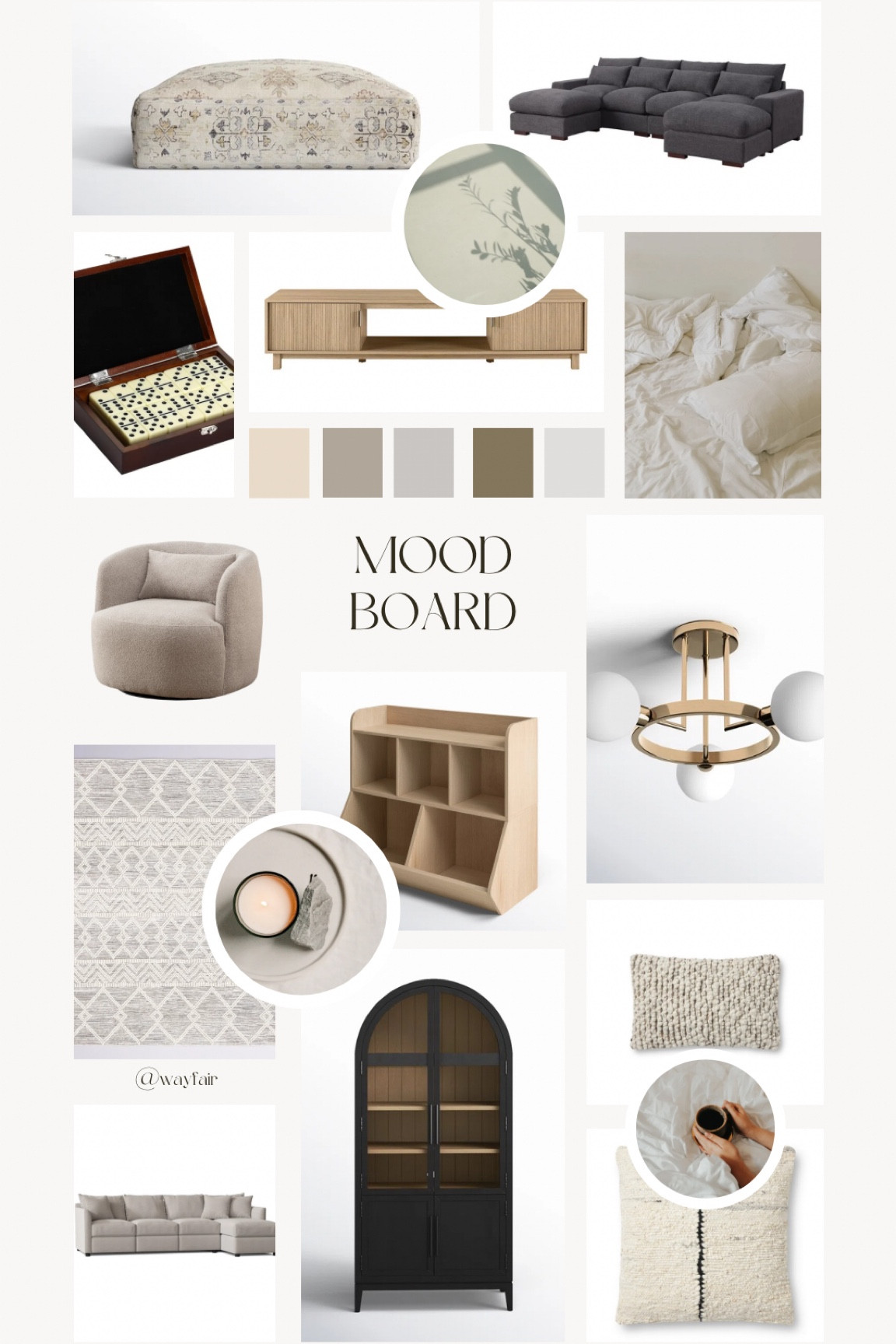 Mood board design for our bonus space in the spec home! I styled this entire space with pieces from @wayfair and I can’t wait to see it come together. My favorite are these affordable swivel chairs and the sectional sofa! #wayfairpartner #wayfair 

#LTKFamily #LTKHome