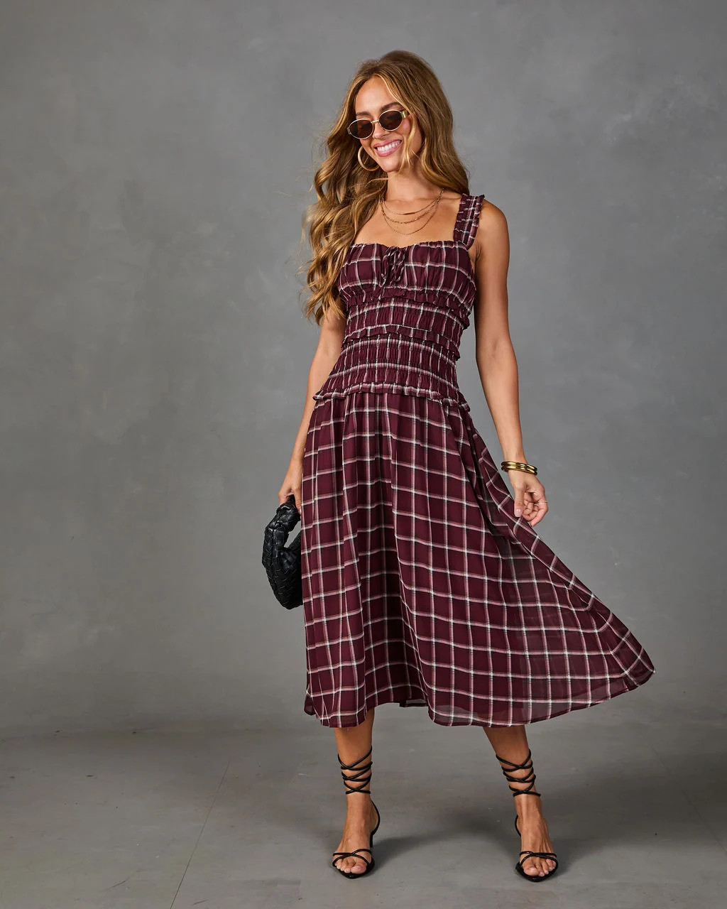 Velma Smocked Plaid Midi Dress | VICI