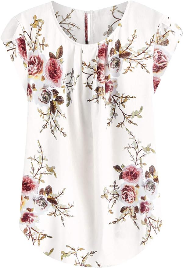 Milumia Women's Elegant Floral Print Petal Cap Sleeve Pleated Vacation Office Work Blouse Top | Amazon (US)