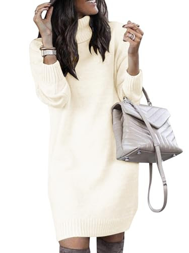 SENFURE White Turtleneck Sweater Dress for Women Long Sleeve Elasticity Knit Pullover Dresses Oversize Dress | Amazon (US)