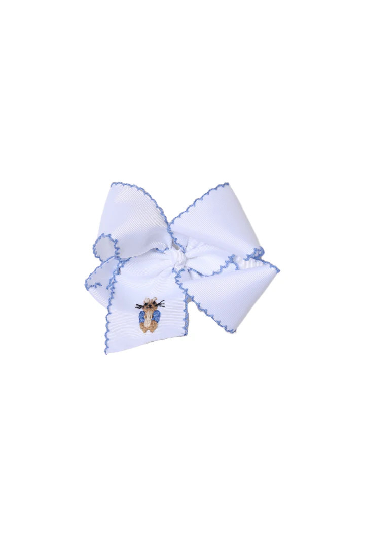Scalloped Edge Grosgrain Bow with Embroidered Peter Rabbit White/Blue | The Smocked Flamingo