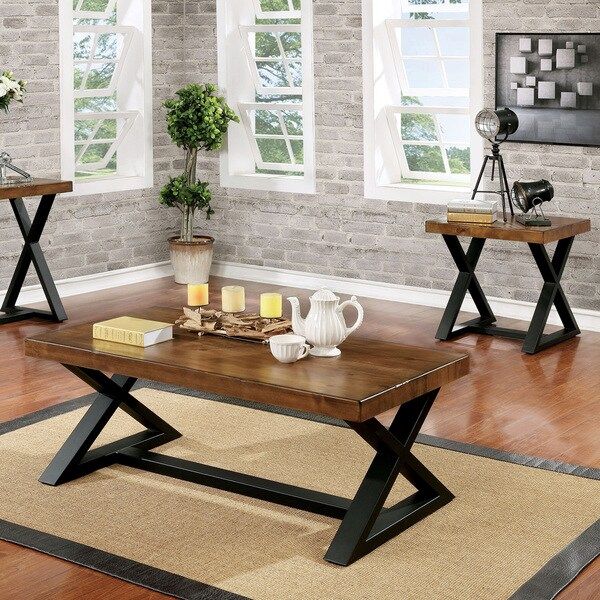 Wildrow Transitional Oak 2-piece Trestle Accent Table Set by FOA | Bed Bath & Beyond
