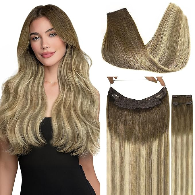 Wire Hair Extensions Human Hair, 3/8/613 Walnut Brown with Ash Brown and Bleach Blonde Balayage 2... | Amazon (US)