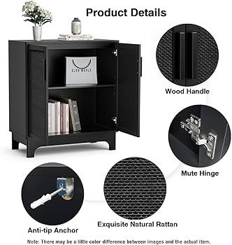 Anmytek Black Rattan Cabinet, Natural Rattan Sideboard Storage Cabinet with 2 Doors Adjustable Sh... | Amazon (CA)