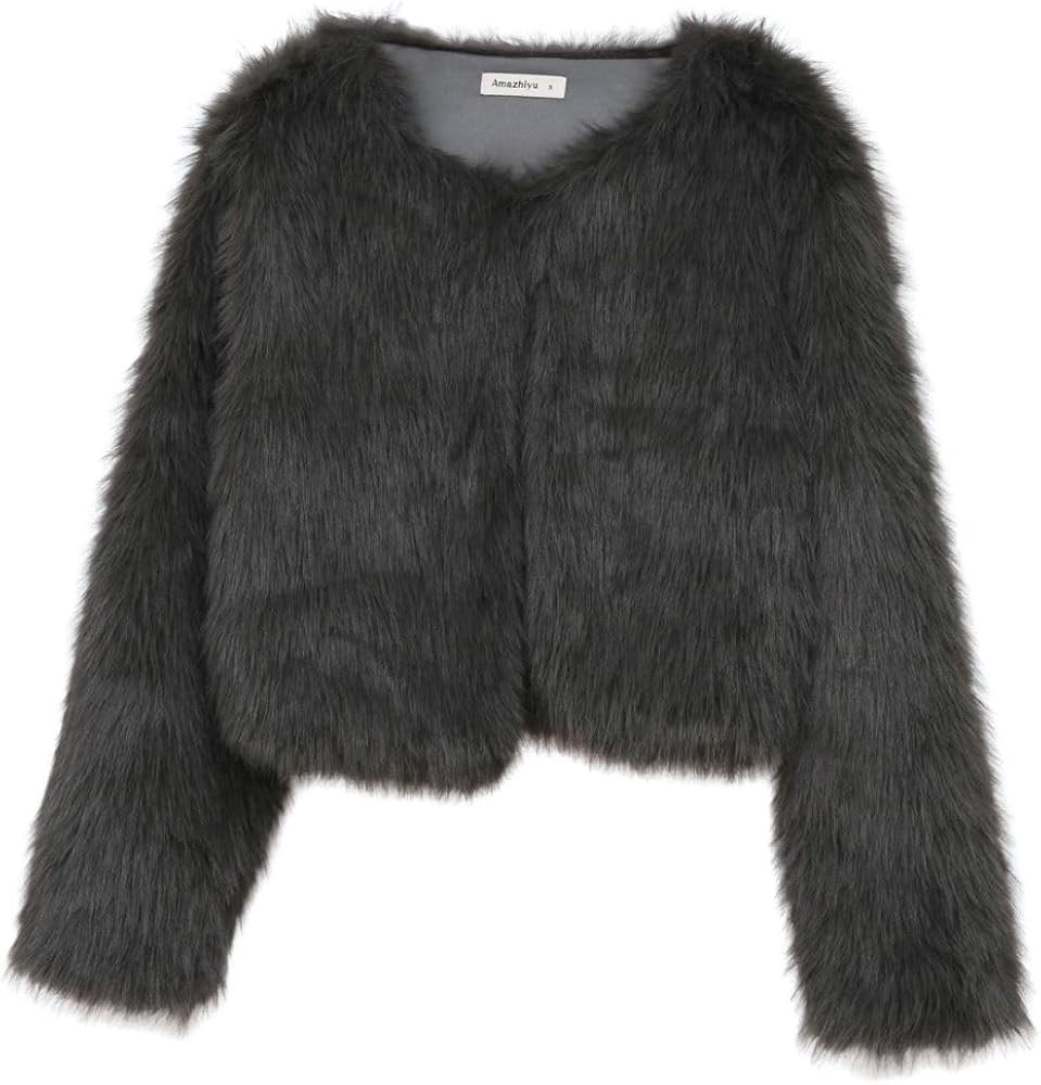 Amazhiyu Women's Faux Fur Cropped Coat Pockets Long Sleeve Open Front Winter Jacket | Amazon (US)