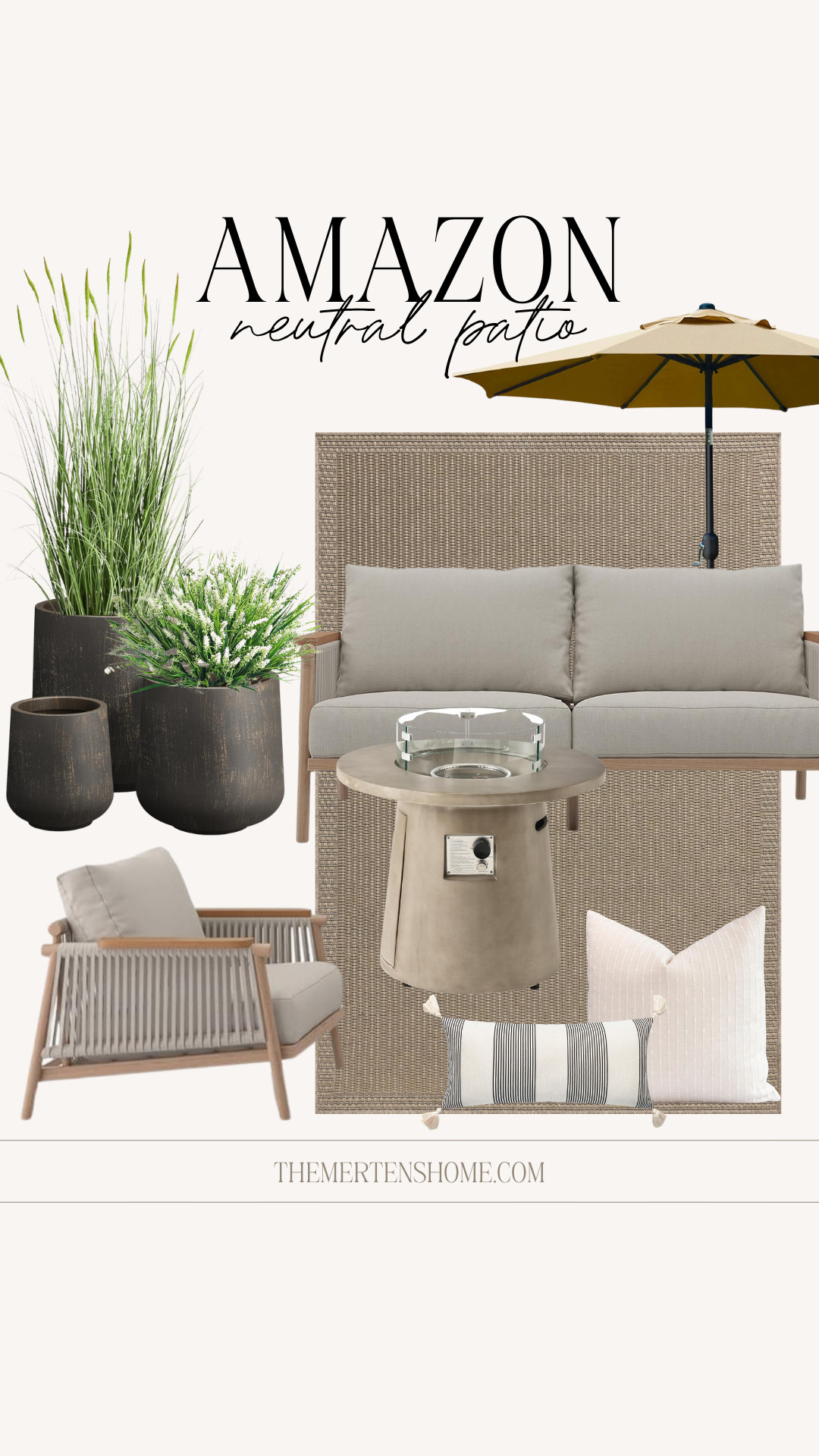 Neutral patio finds from Amazon that just work 🤍 Think soft tones, natural textures, and pieces that make your space feel calm and pulled together.
Seating, umbrella for shade, gorgeous planters and faux plants, firepit table, rug and waterproof pillows. 

 #LTKHome