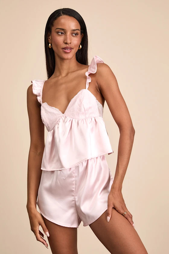 Keona Light Pink Satin Lace Ruffled Two-Piece Pajama Set | Lulus